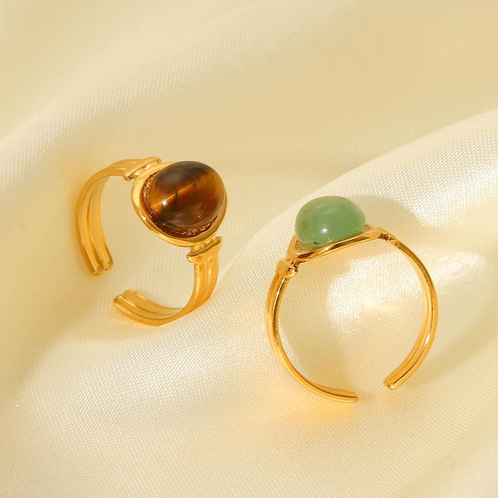 French Retro Court Style Natural Tiger Eye Stone Stainless Steel Ring for Women, Non-fading Titanium Steel Open Ring