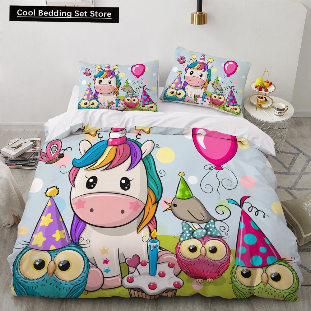 Children Kids Baby Pink Bedding Set Queen King Cartoon Unicorn White Duvet Cover Twin Full Colorful 2/3pcs Polyester Quilt Cover