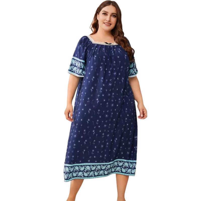 Camisola feminina de verão, tamanho grande, pijama, renda, manga curta, estampada