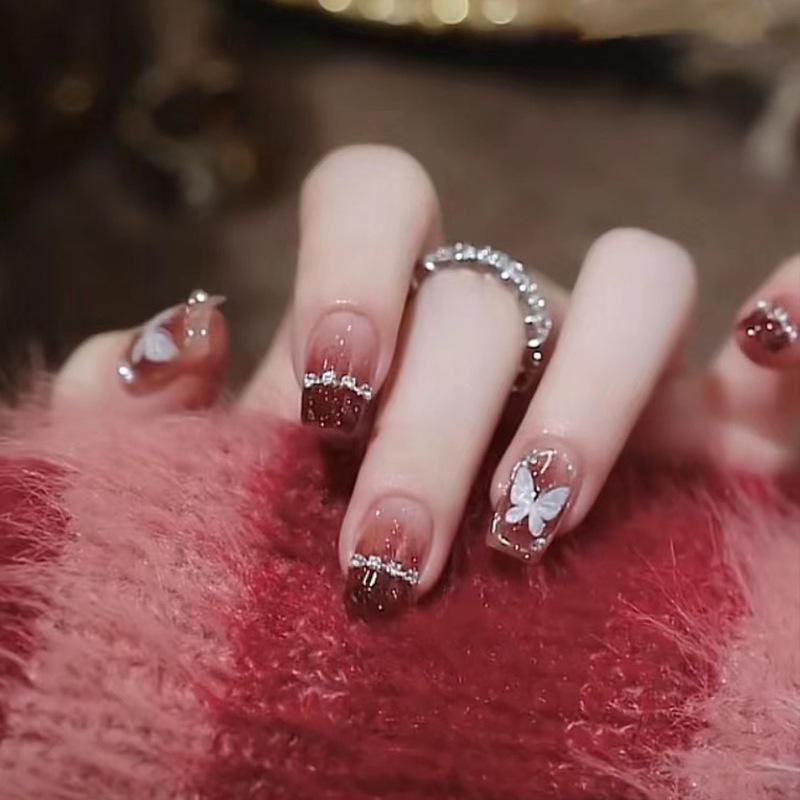 24Pcs Pink French Tip Acrylic Press On Nails Short Ballerina Shape With 3D Bows Pearls And Chains Full Cover Manicure Set