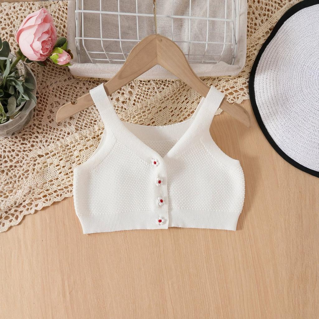 Girls' Knit Sleeveless Top With Flower Buttons - Kids' Clothing