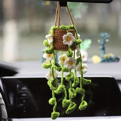 Charming Handmade Crochet Potted Plant Car Mirror Hanging Decor - Soft, Adjustable Rope for Safe Driving, Perfect Gift Idea