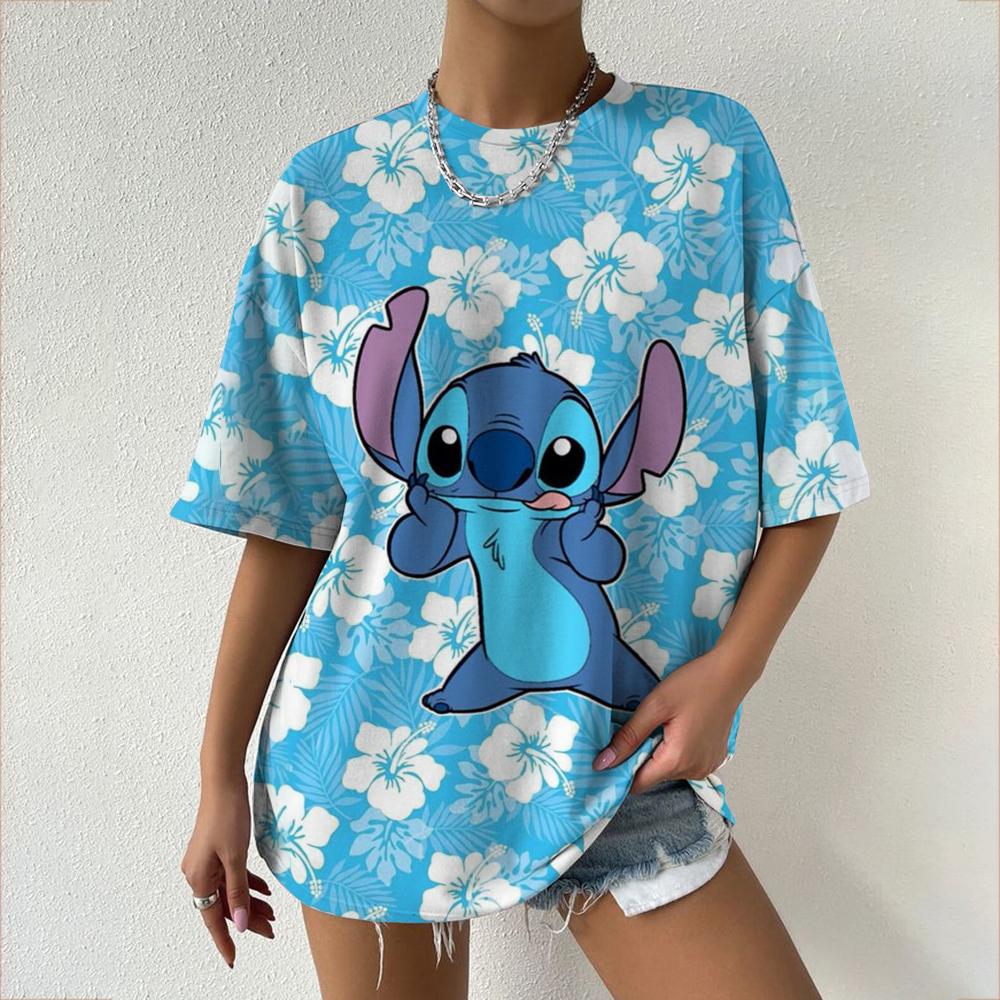 Kawaii Women's T-shirt Disney Lilo&Stitch Casual Y2k T-shirt Round Neck Short Sleeved T-shirt 2025 Summer Women's Clothing