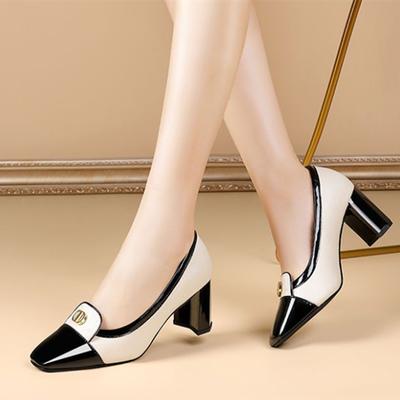 Women Classic Round Toe High Quality Square Heel Shoes Lady Fashion Black & White Office Career Heel Pumps Ga52