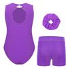 Kids Girls 3 Piece Gymnastics Set Rhinestone Leotard Keyhole Back Sleeveless Patchwork Bodysuit Waistband Shorts Hair Tie