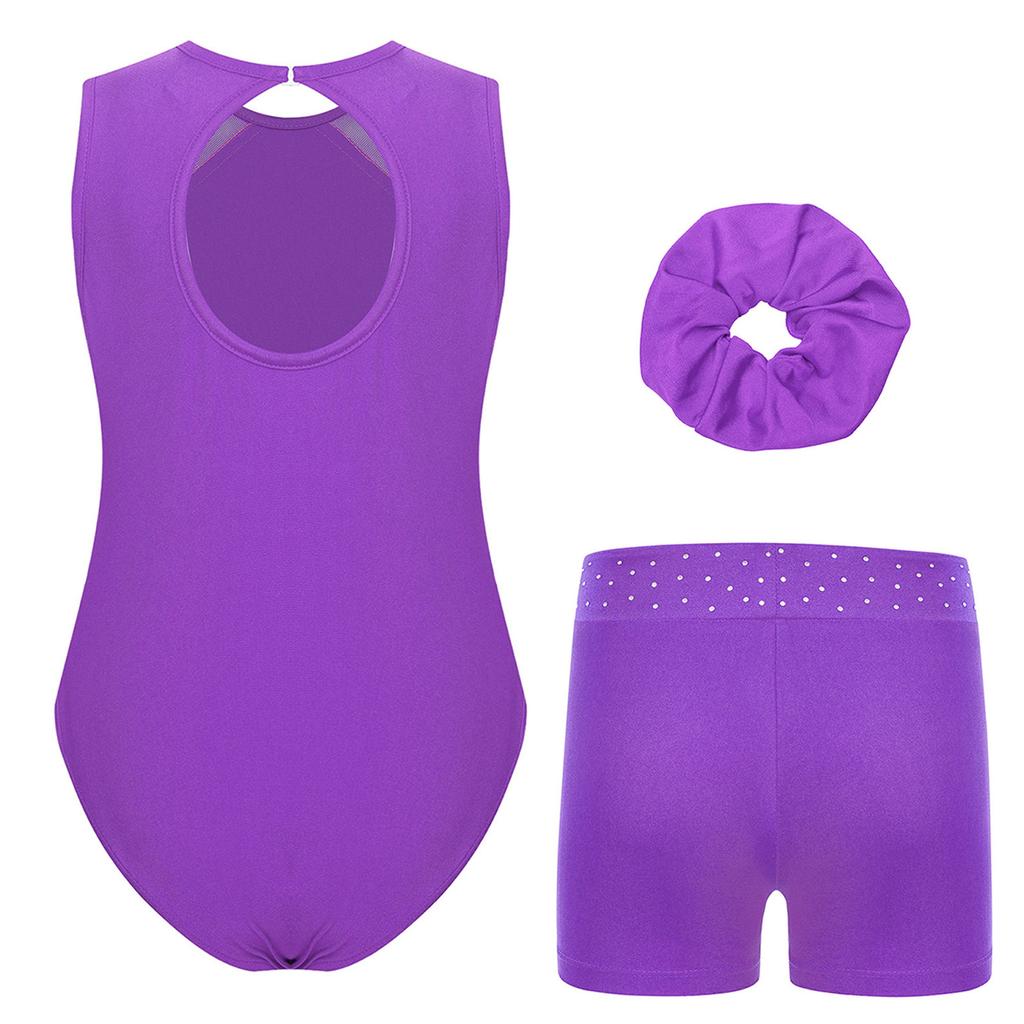 Kids Girls 3 Piece Gymnastics Set Rhinestone Leotard Keyhole Back Sleeveless Patchwork Bodysuit Waistband Shorts Hair Tie