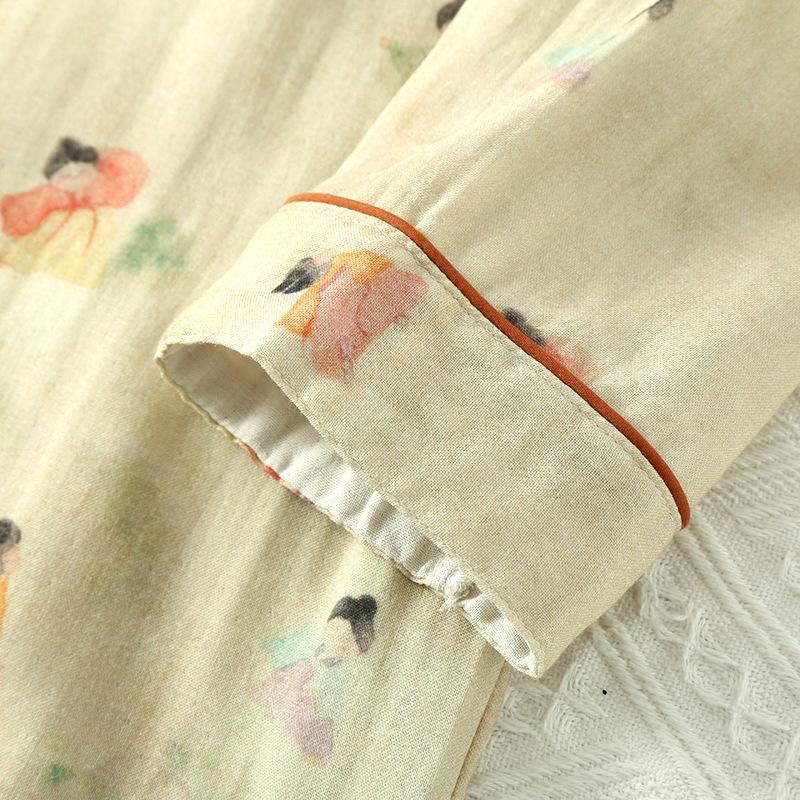 Women's Long-sleeved Chinese National Style Cotton Nightgowns for Women Spring / Summer Thin Bamboo Cotton Double-layer Gauze Nightdress