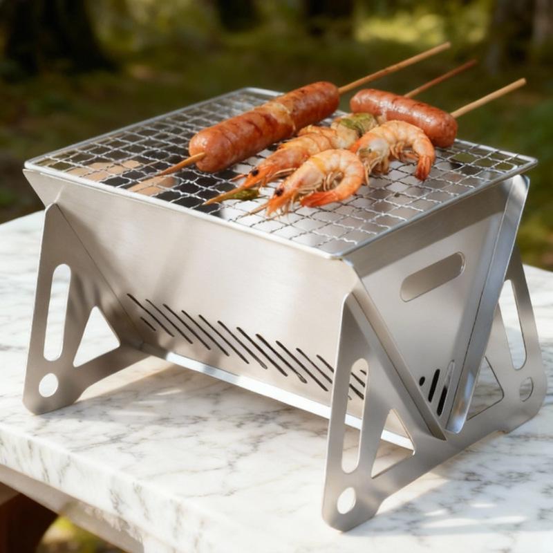 Portable Stainless Steel Folding Outdoor Stove & Grill Set: Skewers, Fire Pit, Barbecue Pan, Wood Camping Supplies.