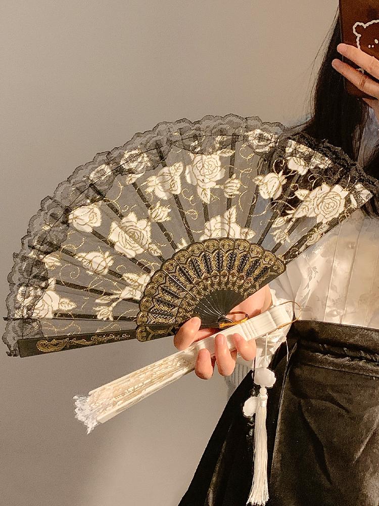 BEPAN Chinese-style black lace folding small fan, summer ancient-style dance horse face skirt folding fan