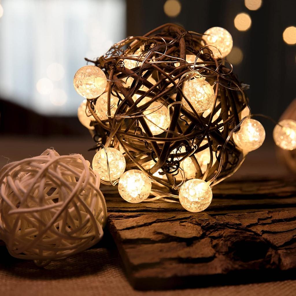Globe String Lights for Bedroom, Decorative Lightning, Christmas Lights, Crystal Crackle Ball Lights 10Ft 30 LED Soft White Battery Operated Fairy