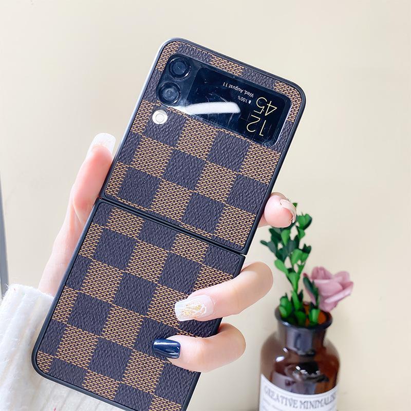 For Samsung ZFlip3 Mobile Phone Case Retro Plaid Nostalgic Brown Simple Anti-fall Leather Niche Neutral Style