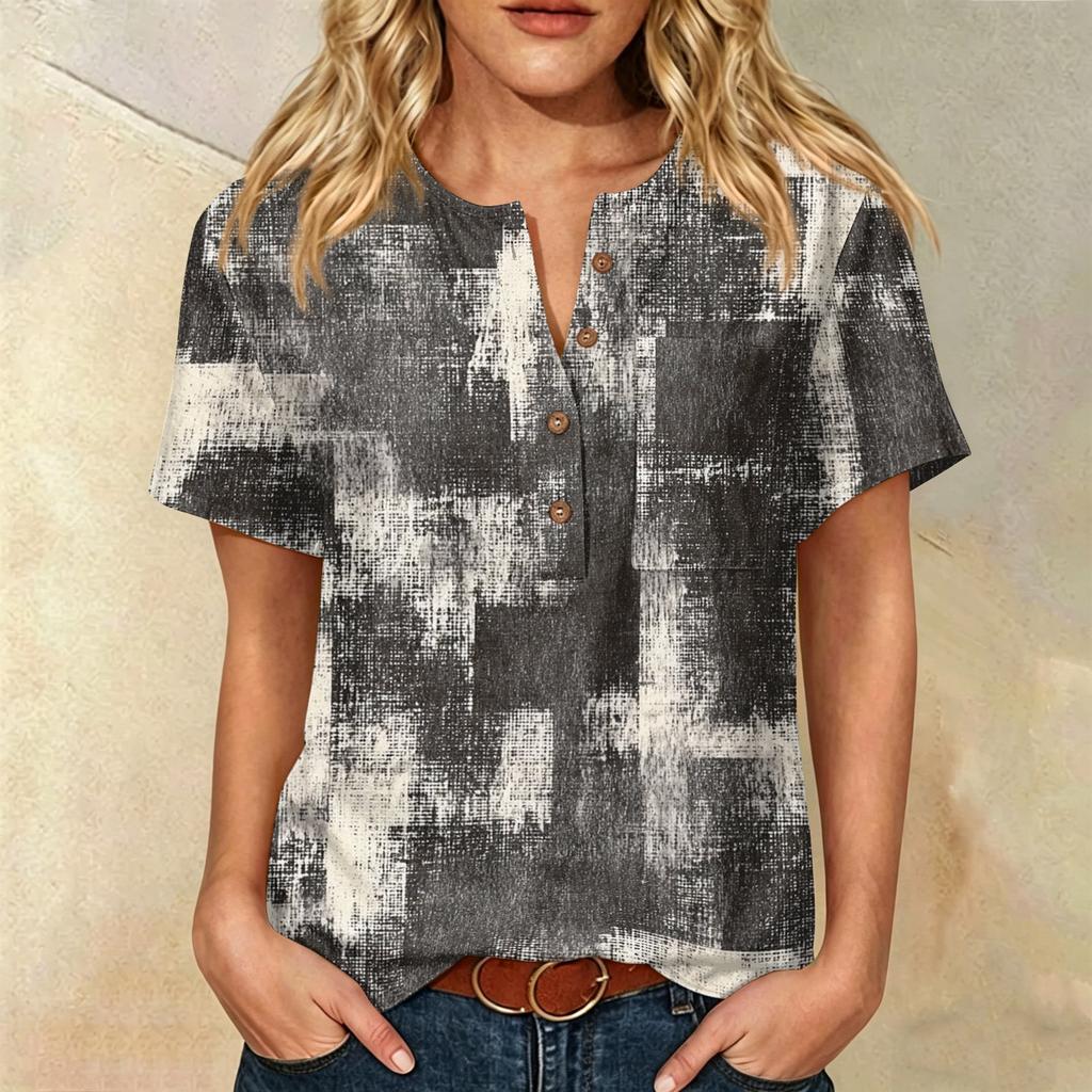 Damenmode Bedrucktes kurzärmeliges Baumwoll-Leinen-Henley-Shirt mit Knopfleiste und Brusttasche für Freizeitkleidung