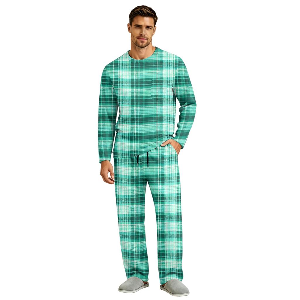 Men's Long Sleeve Pajama Set with Button Crotch and Elastic Drawstring Waist for Home Comfort
