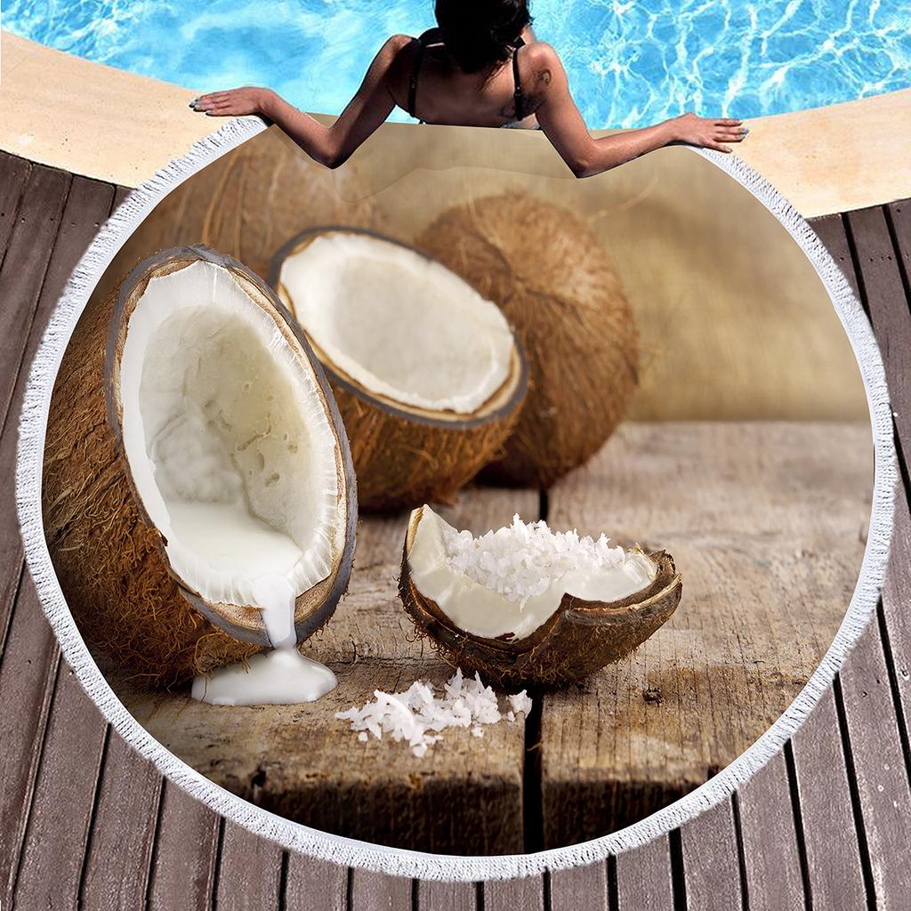 Hawaii Tropical Fruit Coconut Round Beach Towel with Tassels, Microfiber Quick Dry Absorbent Pool Towel Sand Free Beach Blanket