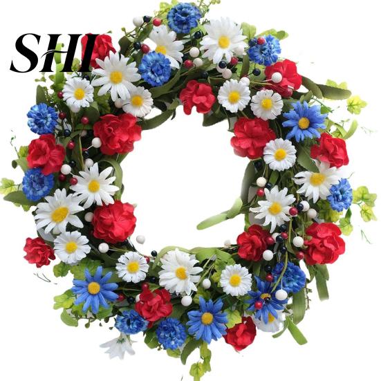 Independence Day Decoration Artificial Wreath Memorial Veterans Front Door Red Blue White Flower Diameter 40cm 4th of July Patriotic Home