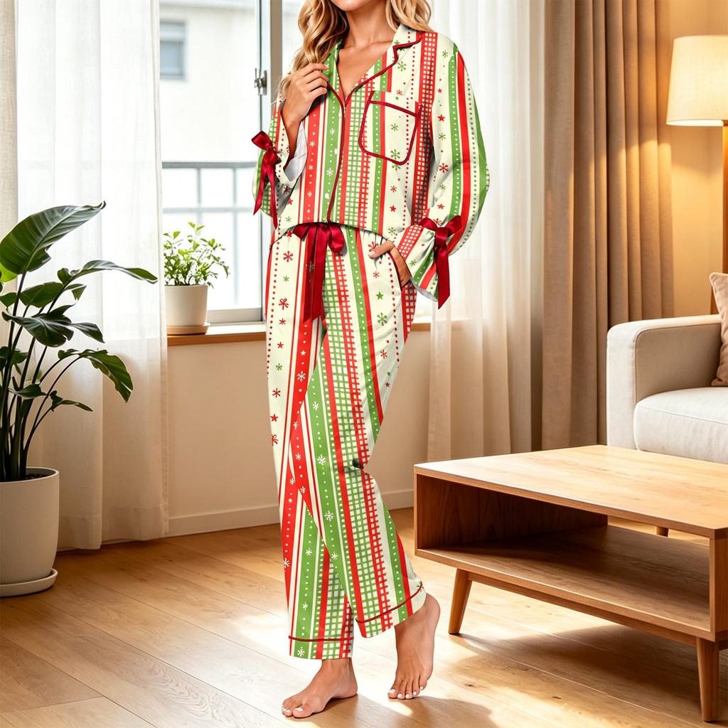 Women's Christmas Print Long Sleeve Pajama Set with Pocket Top and Matching Shorts