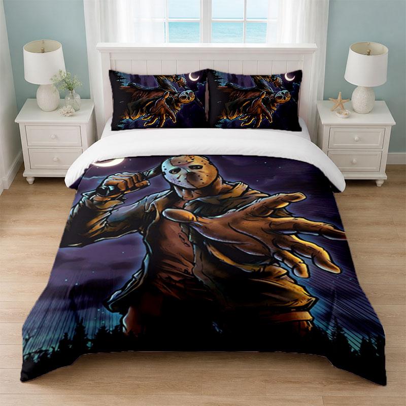 Freitag der 13. Jason Voorhees Schlafzimmer 3-teiliges Bettwäsche-Set Weiches Bettlaken Kissenbezüge Heim-Bettwäsche Dekoration