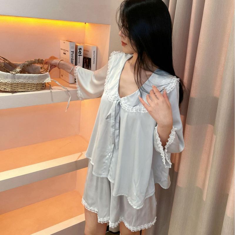 [Girl Yu Nian] Court style sweet French pure desire wind summer ice silk lace pajamas loungewear
