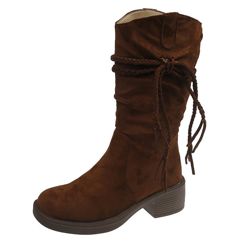 Boots women's new spring and autumn retro fringed knight boots Maillard medium boots thick-soled thick-heeled western boots women