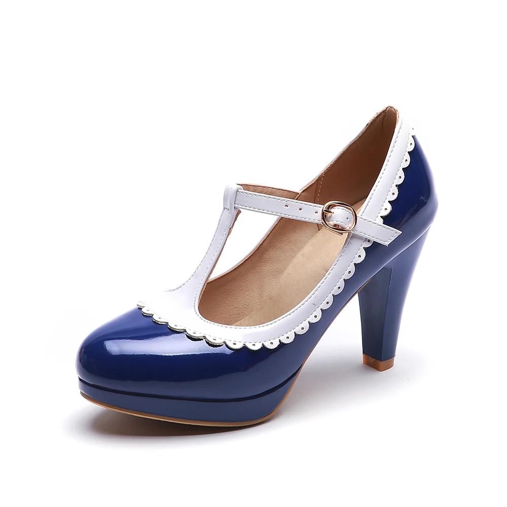 Fashion Spring Vintage T Strap Mary Janes Shoes For Women Blue Patent Leather Platform Pumps Female Ladies Footwear Sandalias De Mujer