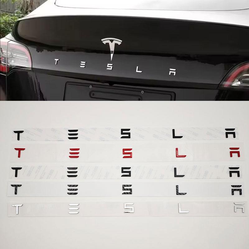 DHKOR1 3D ABS Letters Tesla Logo Carbon Chrome Black Red Badge Car Rear Trunk Stickers For Tesla Model 3 Y X S Back Decals Accessories