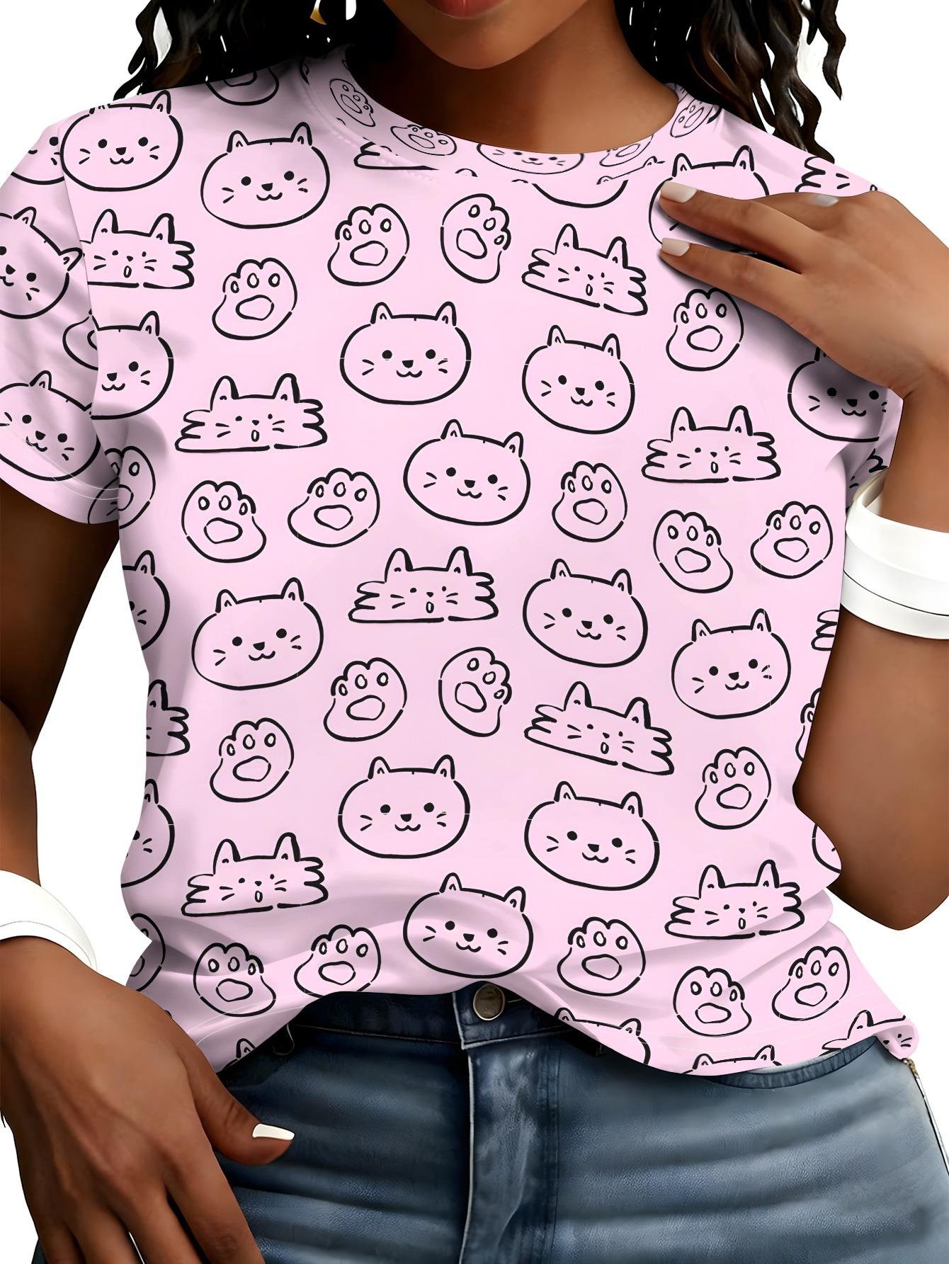 

Foundation-style Simple Cat Head All-over Print T-shirt. Cute and Soft Line Art Cat and Paw Print Short-sleeve Top 2XL дубильная кора
