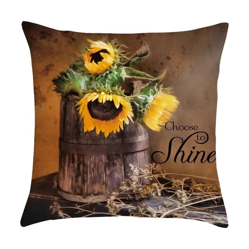 Luxury Home Decor Pillow Cover Living Room Sofa Cushion Cover Oil Painting Sunflower Photo Pattern Cushion Cover