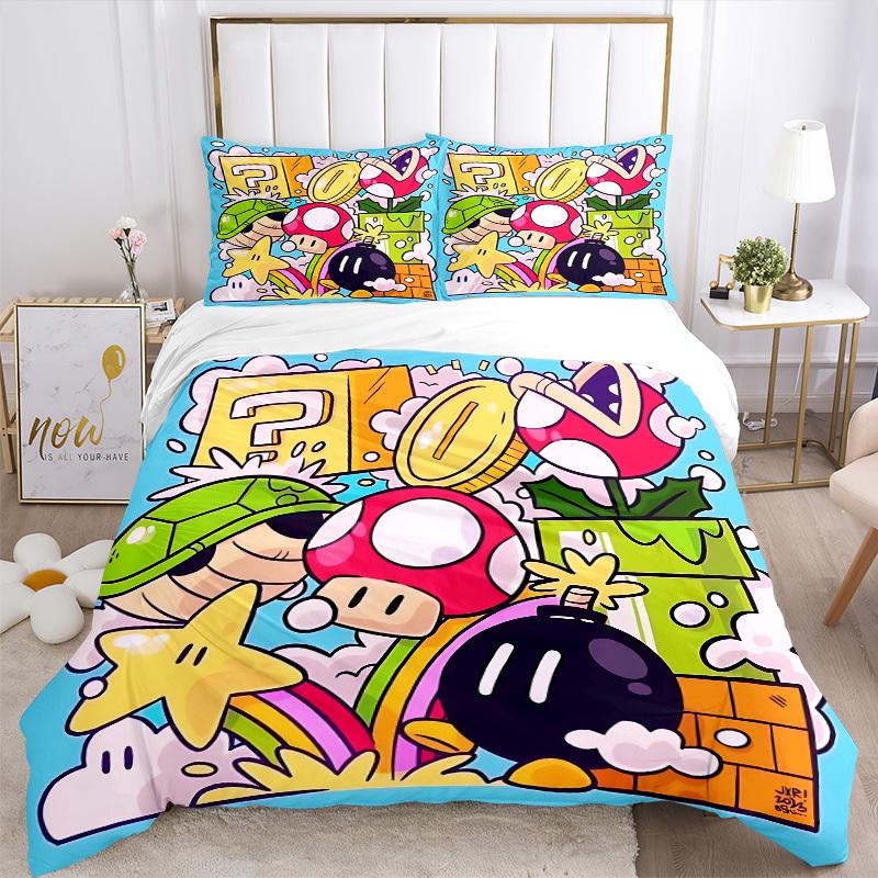 3pcs bedding set Mario Adventure Includes 1 Comforter + 2 Pillowcases, Without Pillow Inserts, Soft Comfortable, Lightweight Breathable, Pri