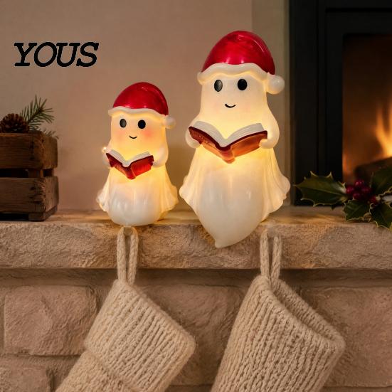 Cute Resin Ghost Figurine Reading Book Lamp, Christmas with Santa Hat, Atmosphere Night Lamp Warm Lighted Halloween Light for Bedroom, Shelf, Tabletop