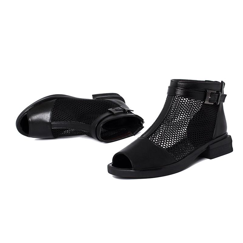 Fashion AIYUQI Sandals Women Hollow Summer Genuine Leather Mesh Women Sandals Open Toe Large Size 35-43 Low-heel Sandals Ladies Black