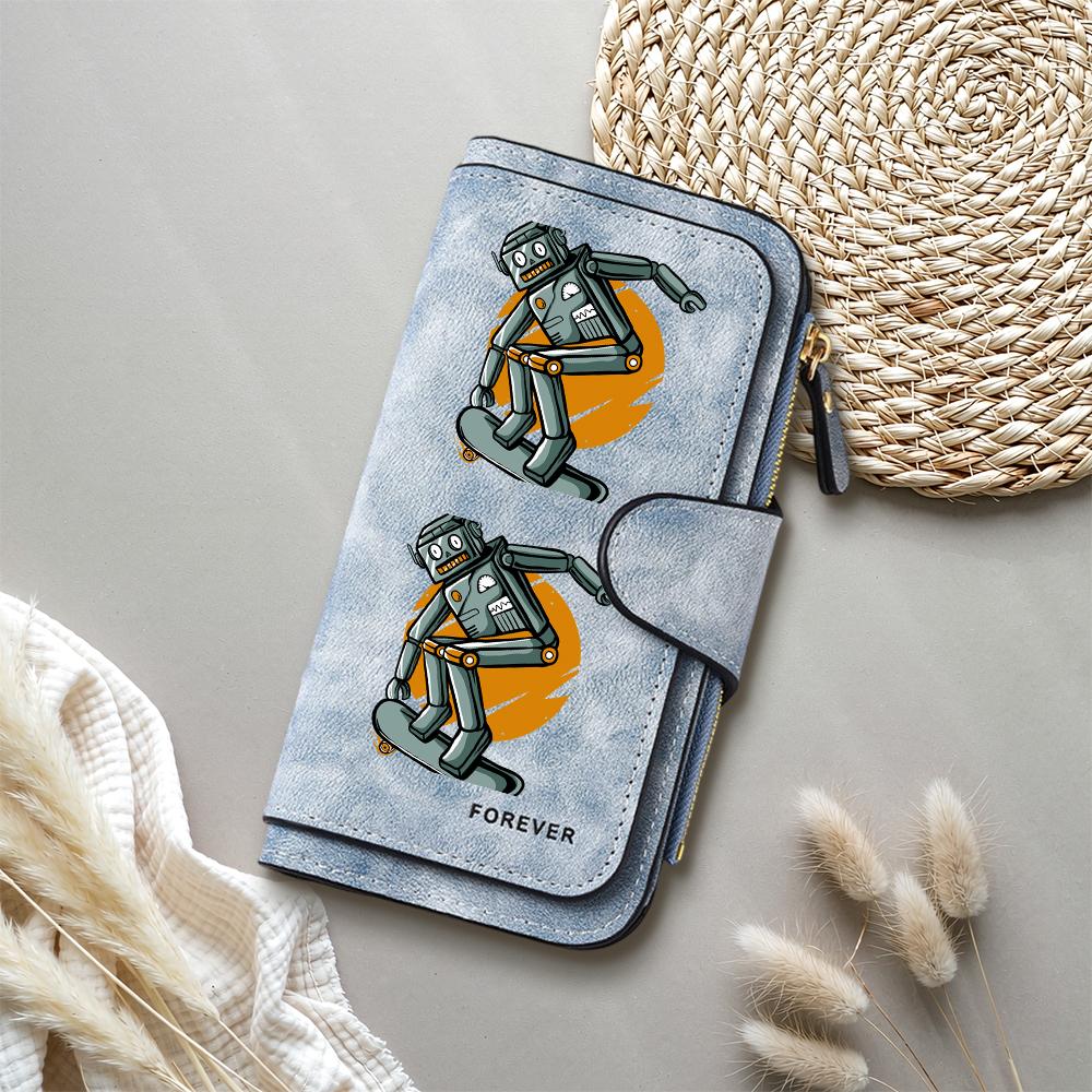 Cartoon Robot Skate Print Long Wallet Fashion Faux Leather Casual Purse for Cards Cash Holder