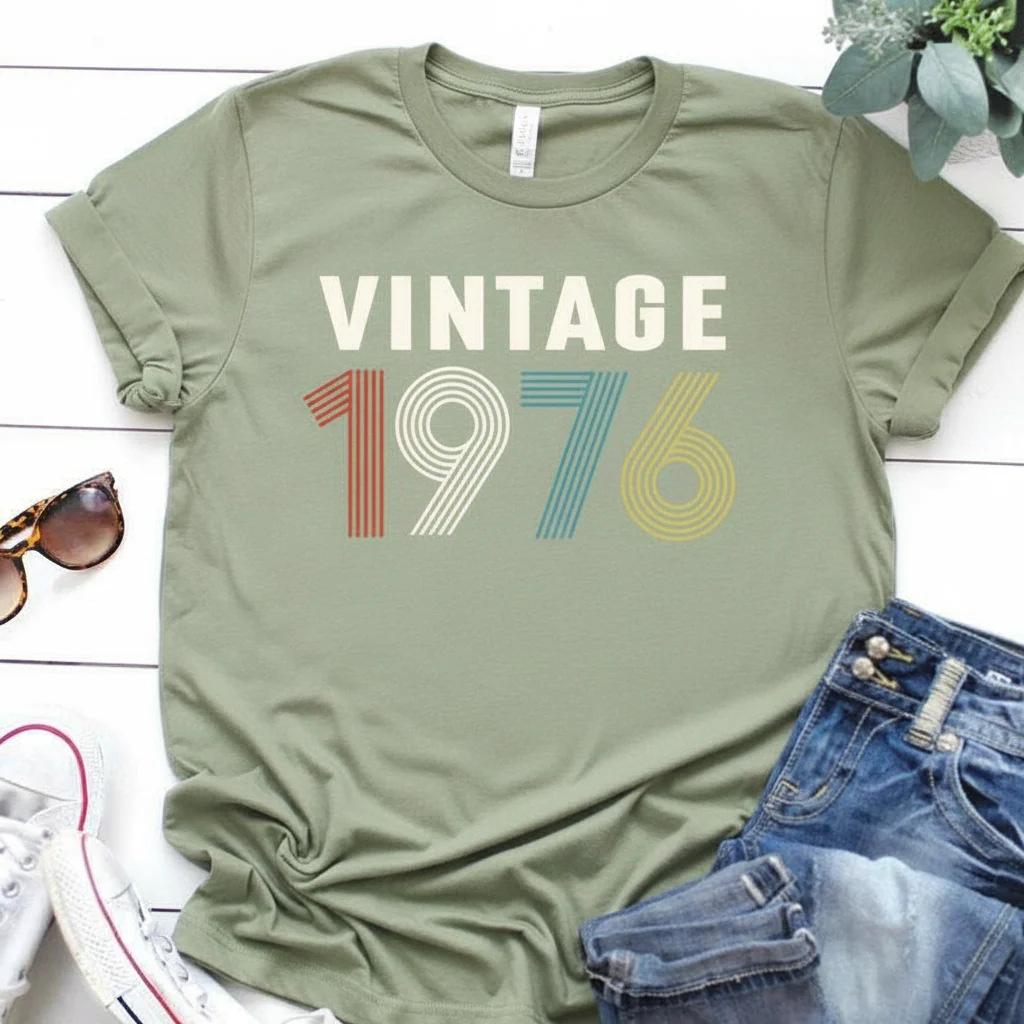 Women Vintage 1976 Letter Print T Shirt Round Neck Short Sleeve Casual Loose Summer Tee Top