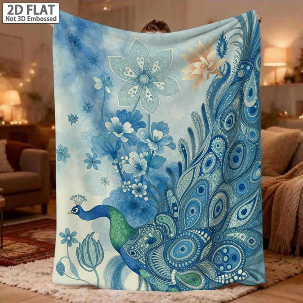 2D Design, 1pc Peacock and Vintage Plant Blanket- Ultra-soft, Comfortable, Warm and Lightweight Mini Blanket, 2D Flat