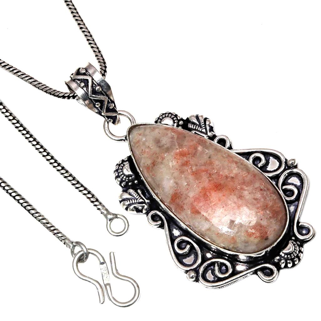Pendant Sunstone Gemstone Handicraft Valentine'Day Gift Silver Jewelry 2.25"