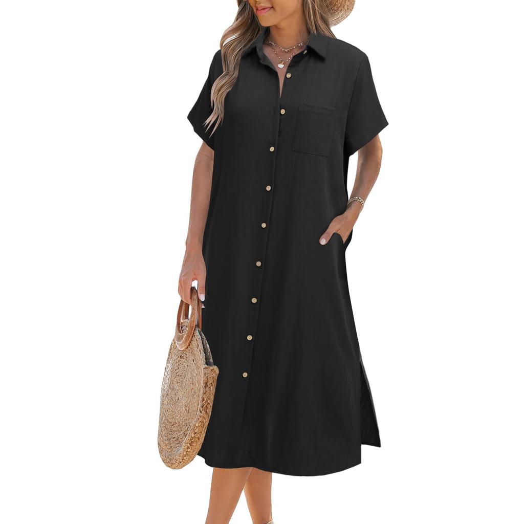 Women Dresses Summer Casual Short Sleeve Button Down Shirt Dresses Beach Cover Up With Pockets