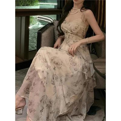 Špagetové ramienko Volánikové šaty Letné Dámske Móda Elegantné Midi Tlač Vintage Šaty Dámske Večerné Oblečenie Vesty