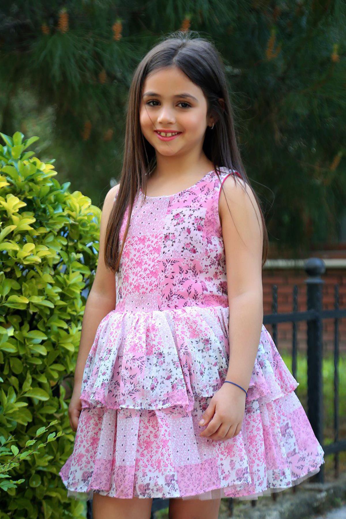 

Girl s Flower Printed Skirt Layered Tulle Zero Sleeve Pink Dress