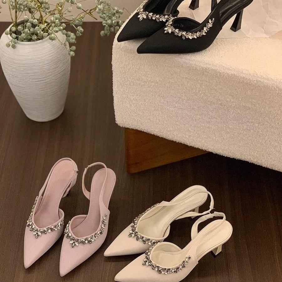 Korean version of Xiaoxiangfeng pointed head thin heel high heels spring and summer daily rhinestone bag head fairy sandals