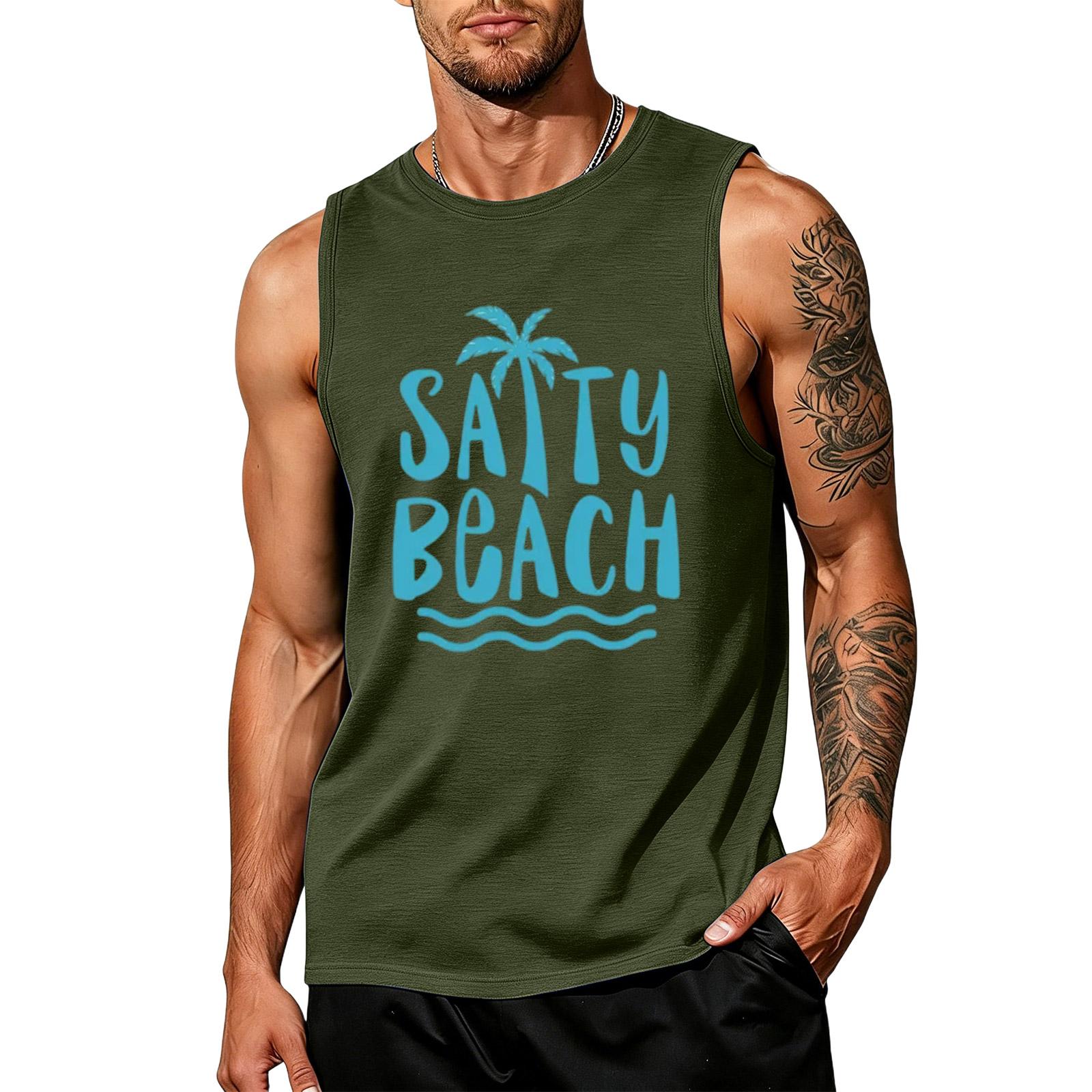Men s loose and casual Hawaiian print sleeveless shirt L армия зеленый