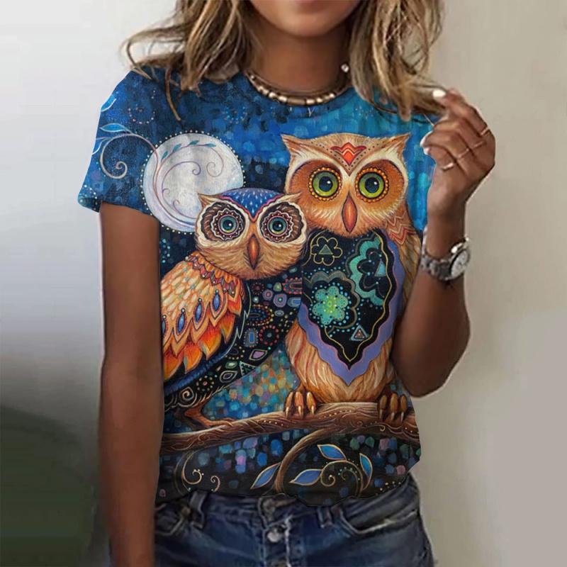 Colorful owl pattern women's T-shirt fun animal 3D printing short sleeved summer loose T-shirt round neck top T-shirt street wear