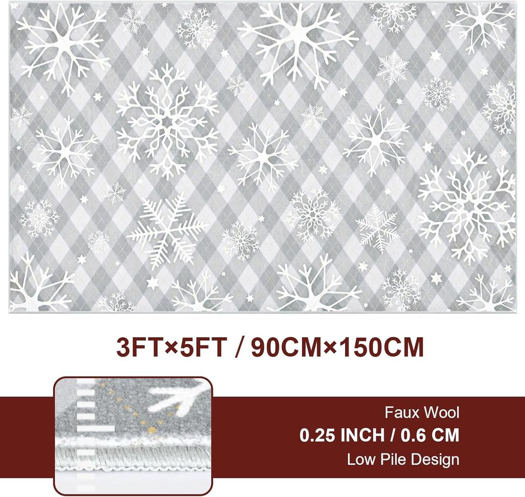 Christmas Area Rug Rugs Soft Washable Rug for Bedroom, Non Slip Snowflake Xmas Throw Rugs Winter Checkered Christmas Carpet for