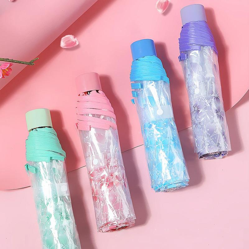 1PC Three-Fold Beauty Cherry Blossom Transparent Umbrella Rainproof Fold Umbrella Handheld Windproof