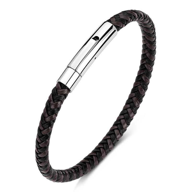 

Classic Men Women Stainless Steel Bracelet Wine Red Leather Braided Rope Male High Quality Black Button Jewelry Gifts 23cm