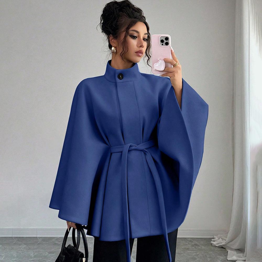 Women’s Clothing Elegant, Stand-Up Collar, Tie-Up Waist, Cloak-Style Design with a Sense of Grandeur, Woolen Coat.