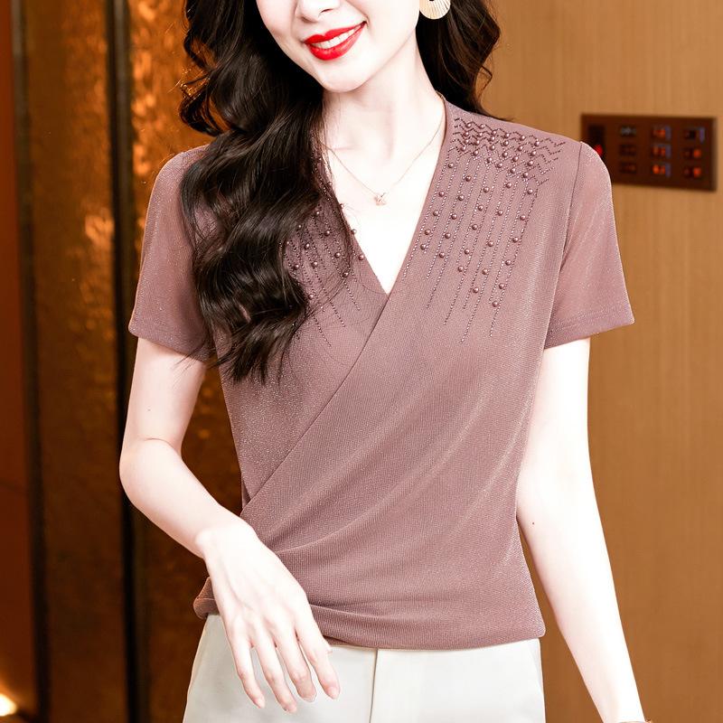 Women's Wrap V Neck Short Sleeve Mesh T-Shirt Slim Fit Rhinestone Beaded Summer Blouse