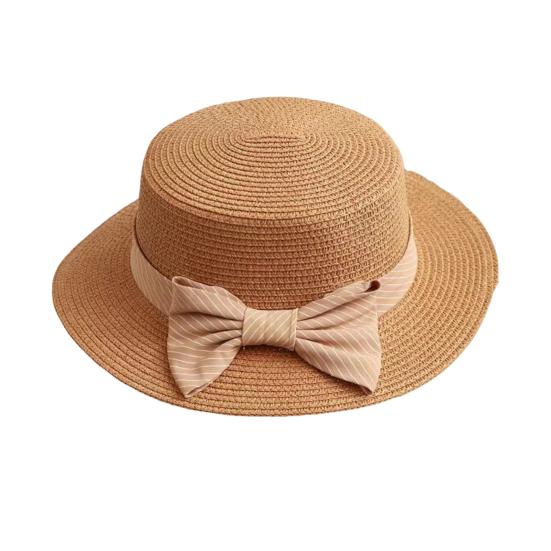 

Beach Straw Hat Flat Top Wide Brim Sun Protection Hat with Striped Print Ribbon Bow Hand-Woven Breathable Summer M