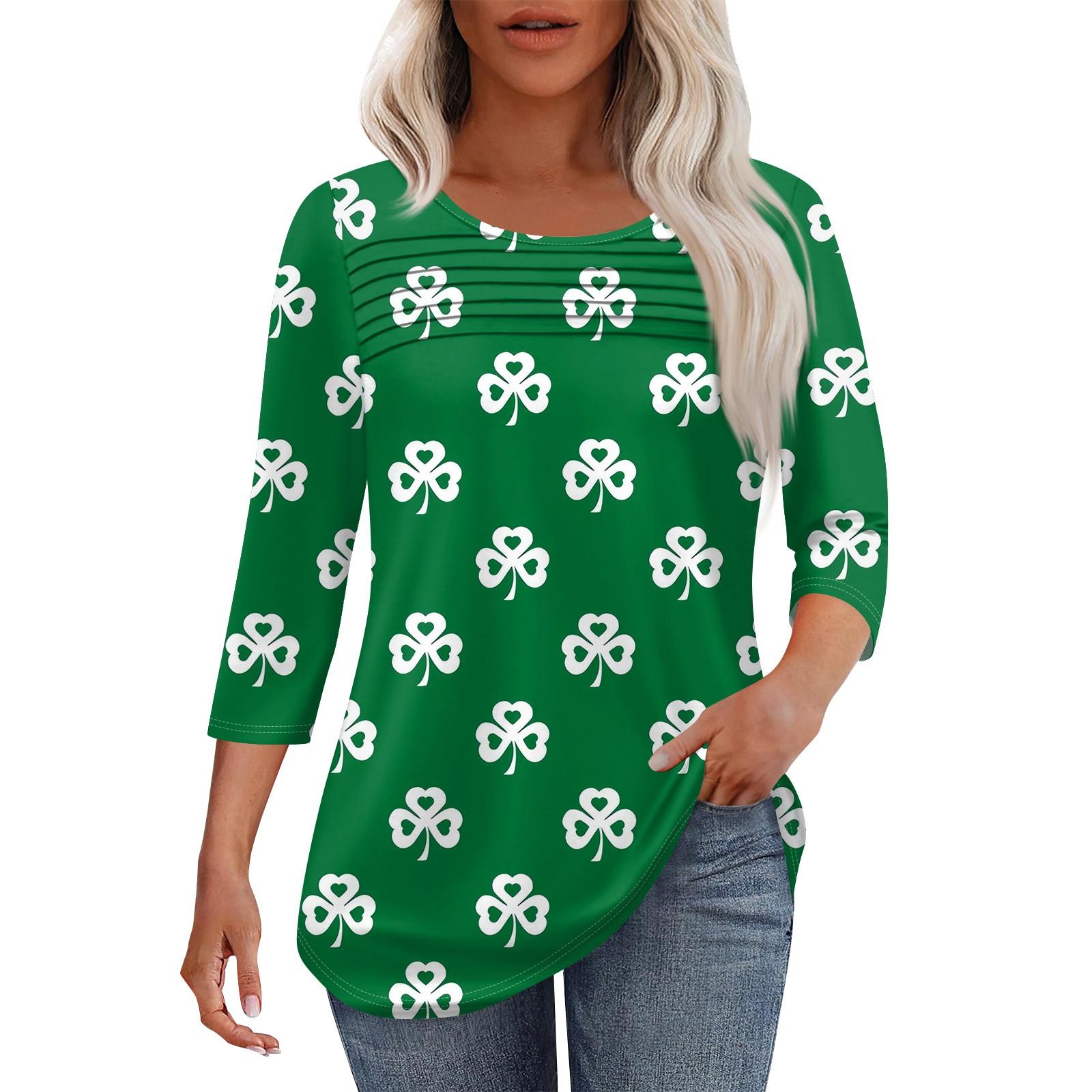 

Женская мода круглый вырез шея плиссированная передняя планка однотонный топ рукав 3/4 L зелёный