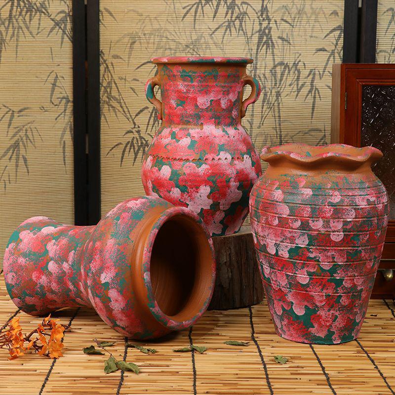 Hand-Painted Terracotta Flower Pots - Breathable Red Clay, Unglazed, Large Diameter, Creative Folk-Inspired Vases for Green Plants.