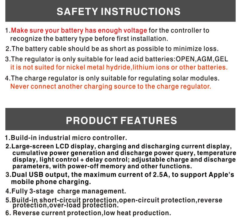 Afișaj dublu curent DC Controler solar 12V/24V LCD PWM Controler de putere fotovoltaică