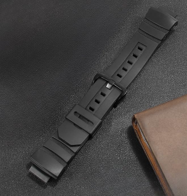 [syzynicy] Replacement Rubber PU Bracelet Silicone Watch Strap for AW-591/590/5230/282B, AWG-M100/101, and G-7700/7710 (Black Buckle)
